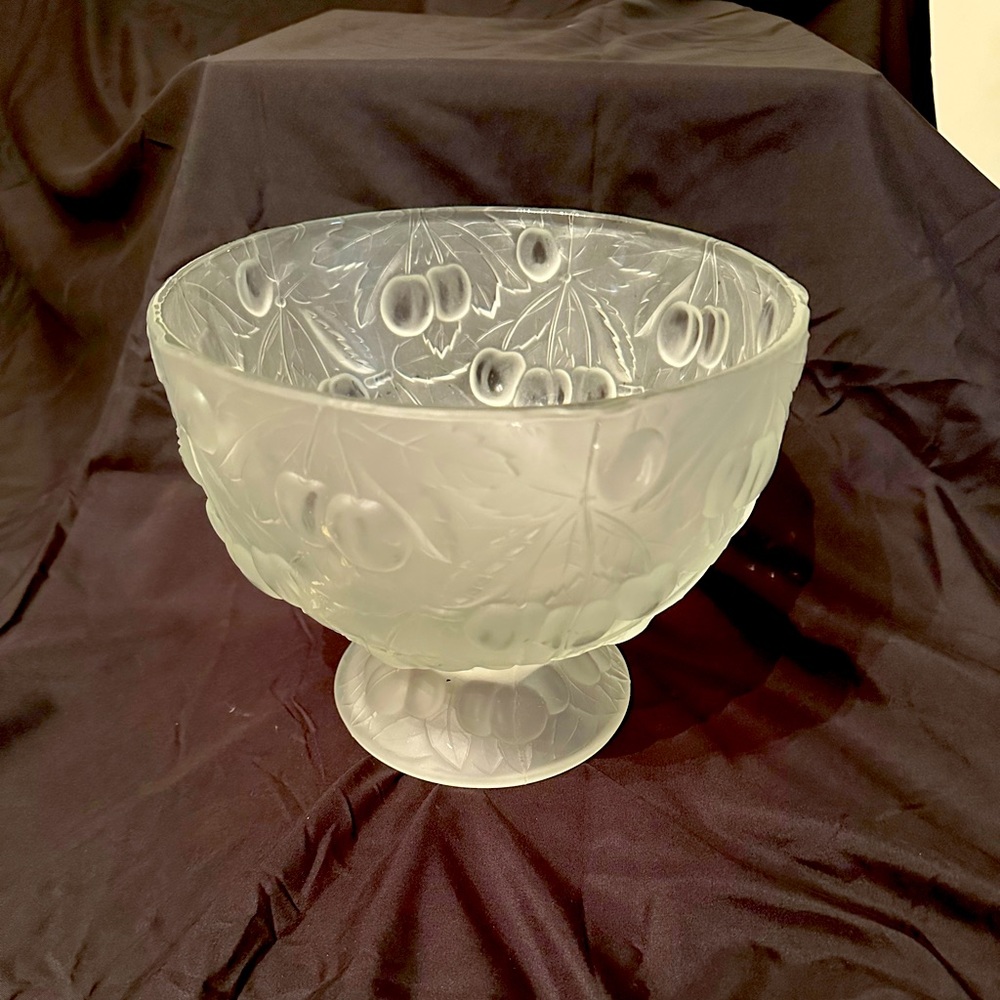 Vintage Bohemian glass Bowl c. 1930 cherries frosted pedestal Barolac Glass Co